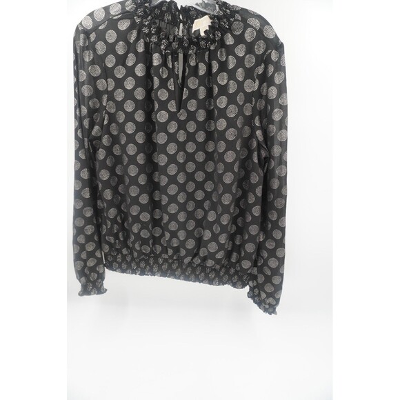 Michael Kors Black & Silver Polka Dot Blouse Smocked Ruffle Mock Neck Size XL - Picture 4 of 10